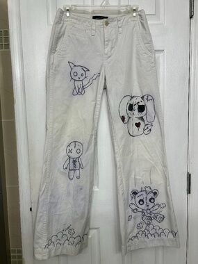 Ladies Graffiti Hand Paint Flare White Pants Grunge Punk Y2K Streetwear Sz 2
